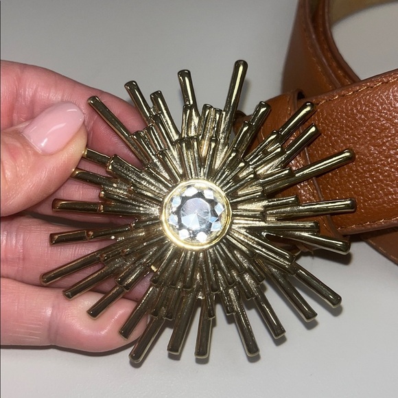 Boston Proper Tan Leather Belt with gold tone sunburst with stone size 12 / M - Picture 2 of 10
